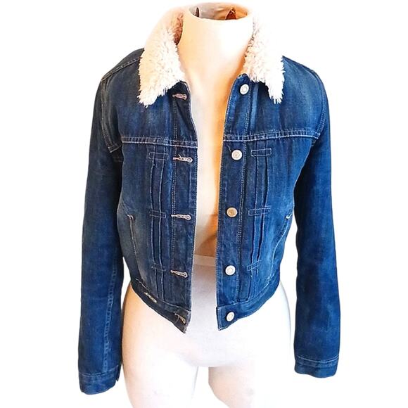 LEVI'S Denim Jacket Sherpa Woman's Sz XS Blue Short Cropped Fleece Jean Western - Picture 3 of 16